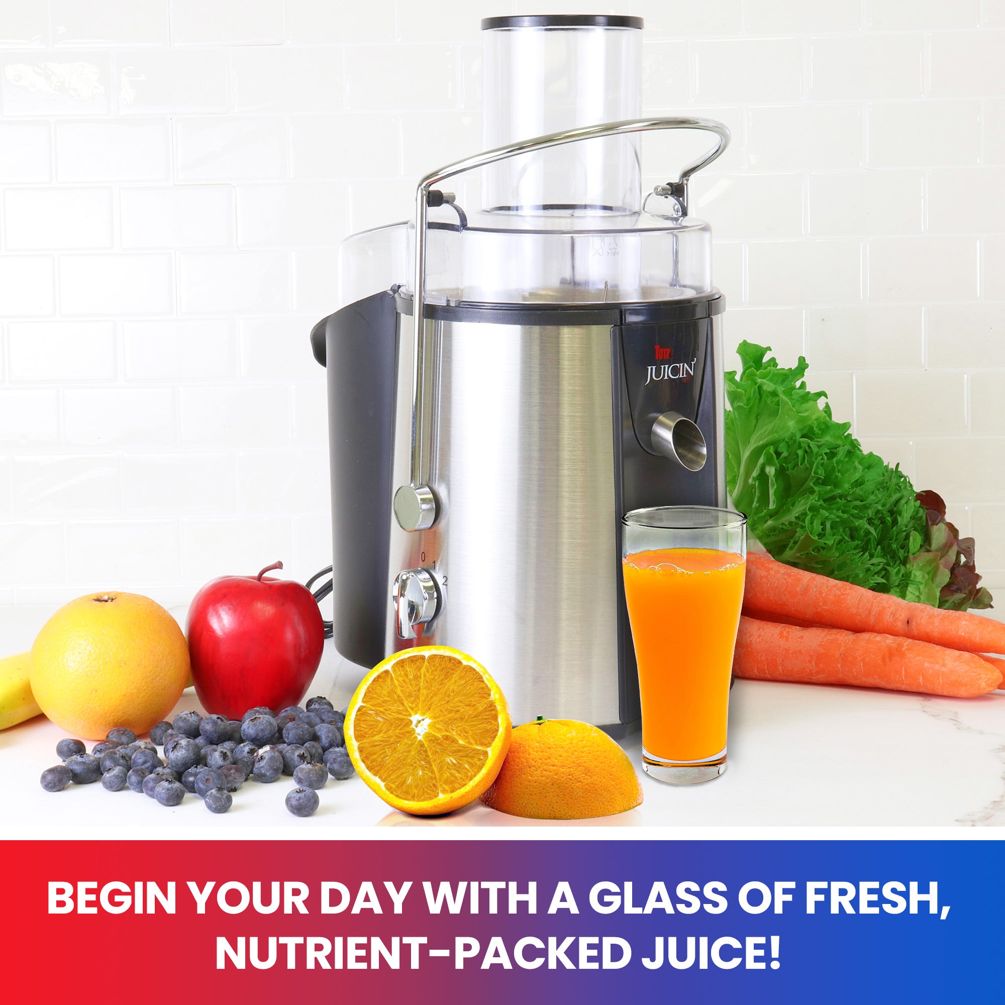 Lifestyle image of juicer surrounded by fruits and vegetables with a glass of orange-colored juice on a white countertop with a white tile backsplash behind. Text below reads "Begin your day with a glass of fresh, nutrient-packed juice!"