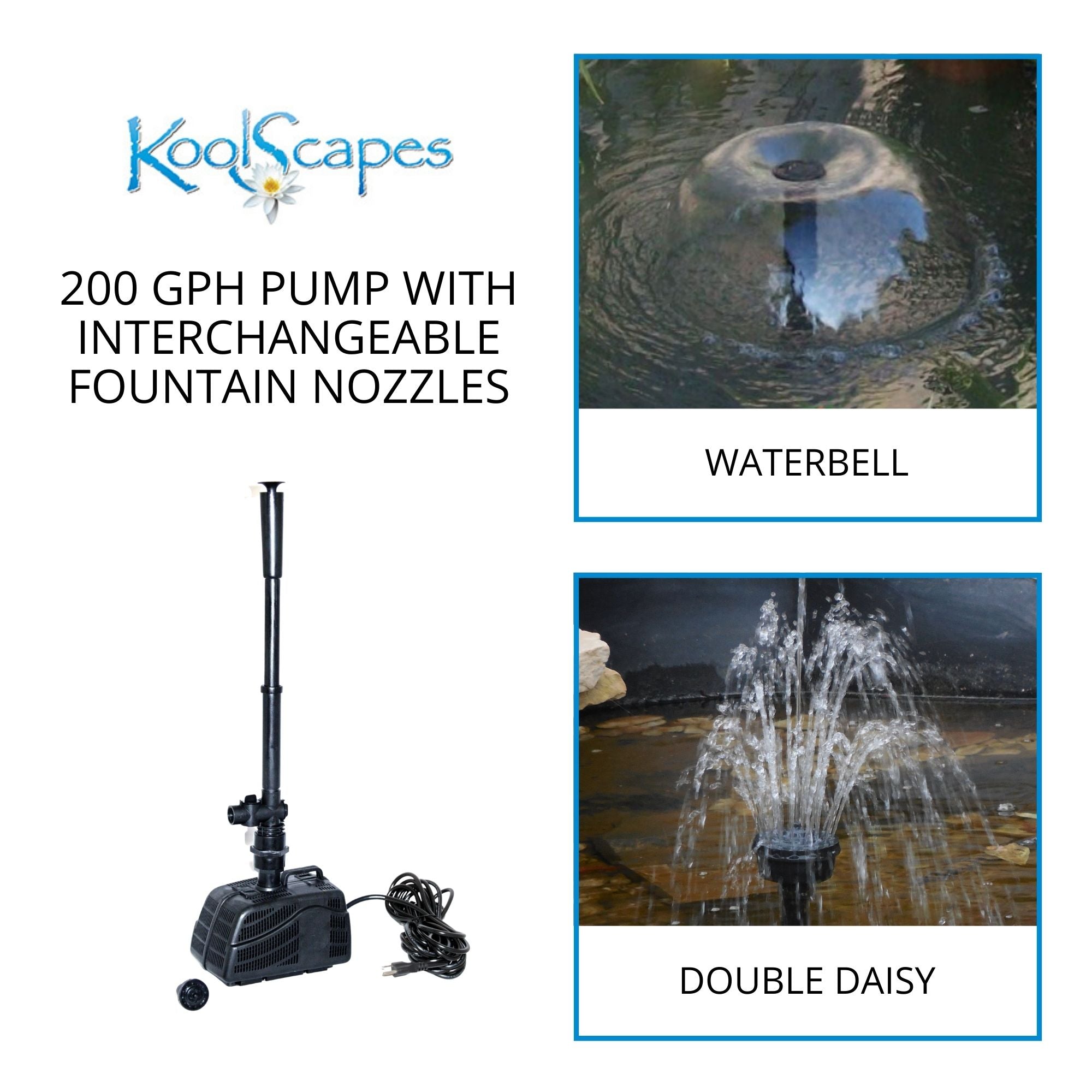 On the left is a product shot of the assembled pond pump on a white background with text above reading, "Koolscapes 200 GPH pump with interchangeable fountain nozzles.” On the right are two closeup images of the two types of fountain sprays, labeled waterbell and double daisy