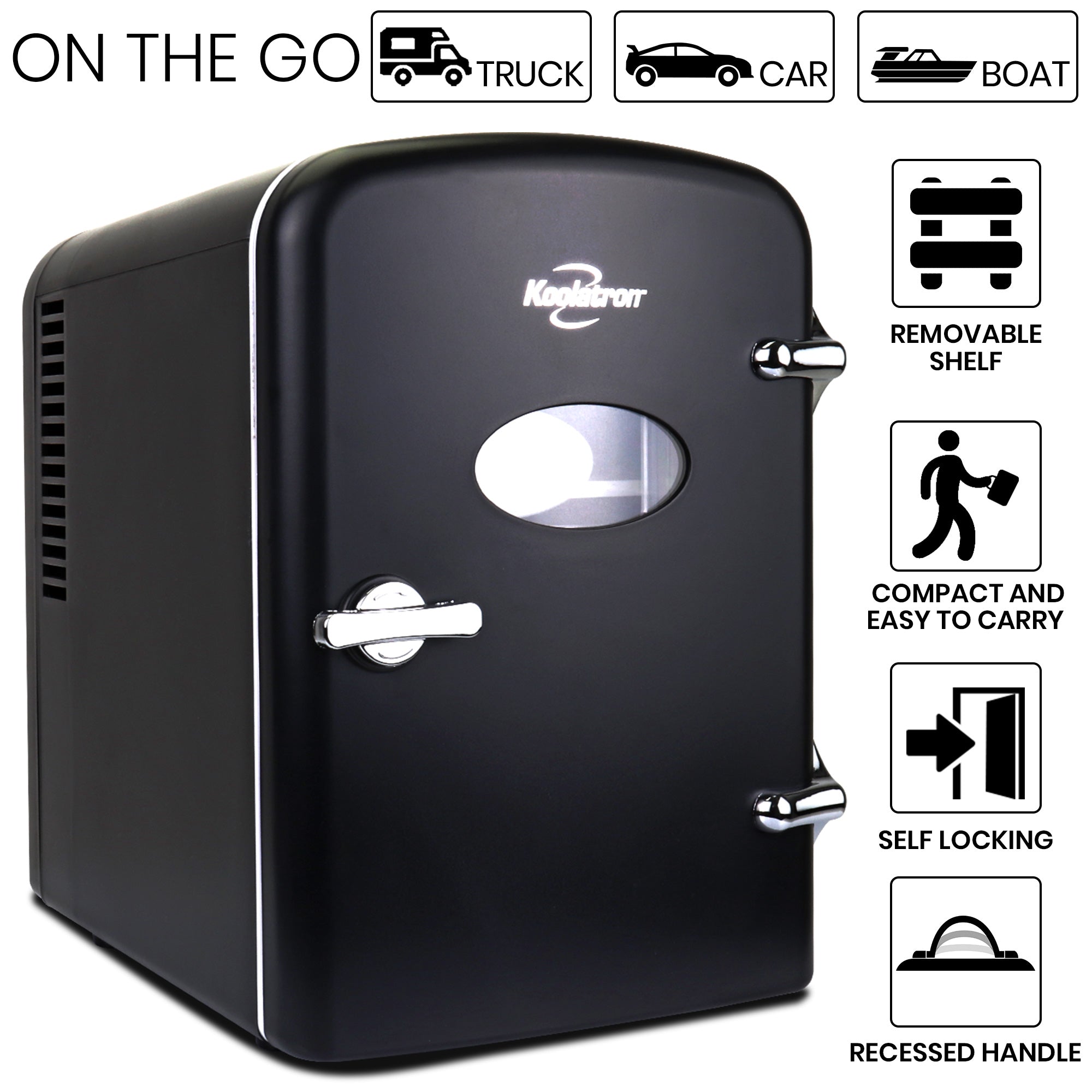 Product shot of Koolatron retro 6 can mini fridge on a white background. Text and icons above describe: On the go - truck car boat. Text and icons to the right describe: Removable shelf; compact and easy to carry; self-locking; recessed handle