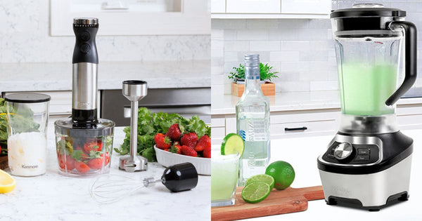 Side by side pictures of the Kenmore immersion blender and attachments with fruits and berries arranged around it on a white kitchen counter on the left and the black Kenmore stand blender filled with green frozen beverage on the right