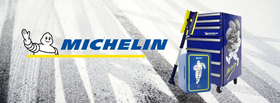 Michelin logo with waving Michelin man in plus product shots of Michelin tool chest fridge, 6 L mini fridge, and extendable snow brush on a background of tire tracks on a snowy road