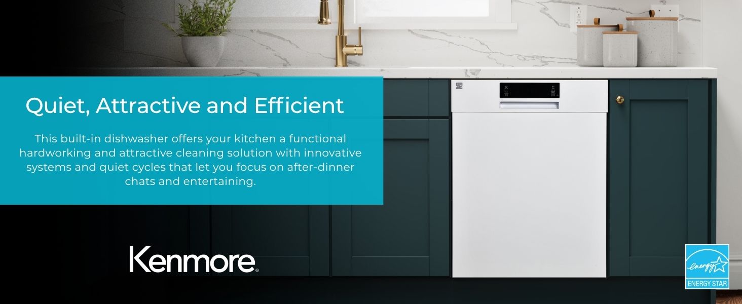Kenmore 24-inch dishwasher in a green kitchen with text overlay describing features