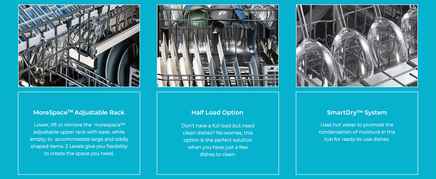 Three images with text below describe features of the Kenmore 24-inch dishwasher