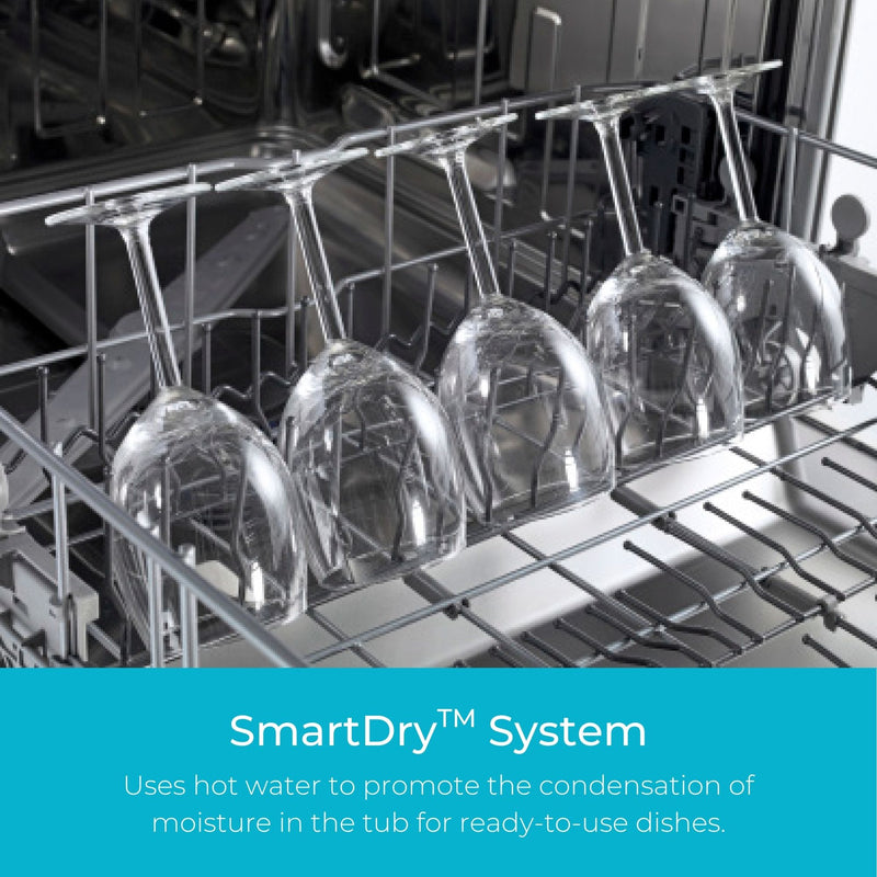 Closeup of the MoreSpace™ adjustable 2nd rack filled with dishes. Text below reads, "MoreSpace Adjustable Rack: Allows you to lift, lower or remove the rack to accommodate larger items."