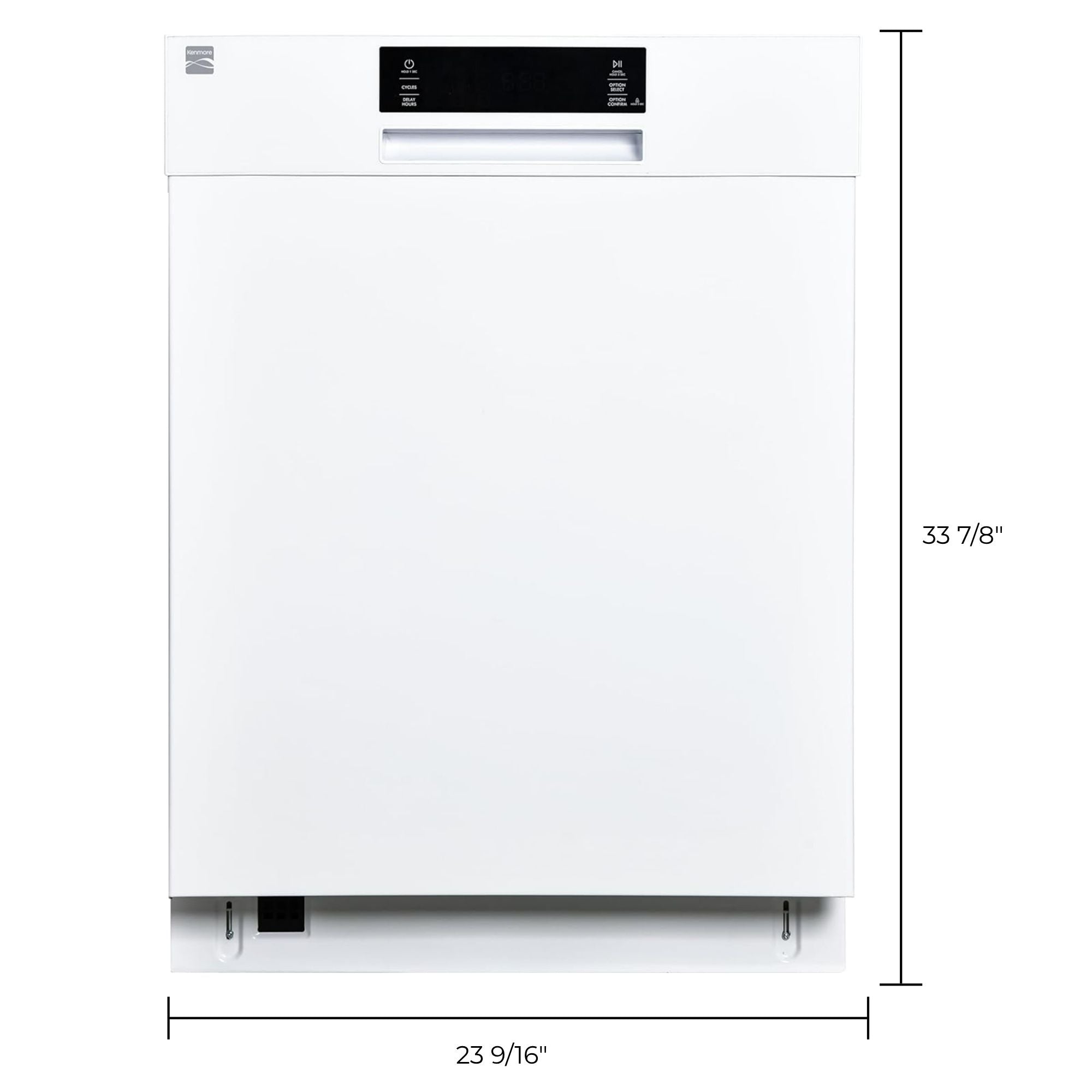 Kenmore white dishwasher on a white background with dimensions labeled
