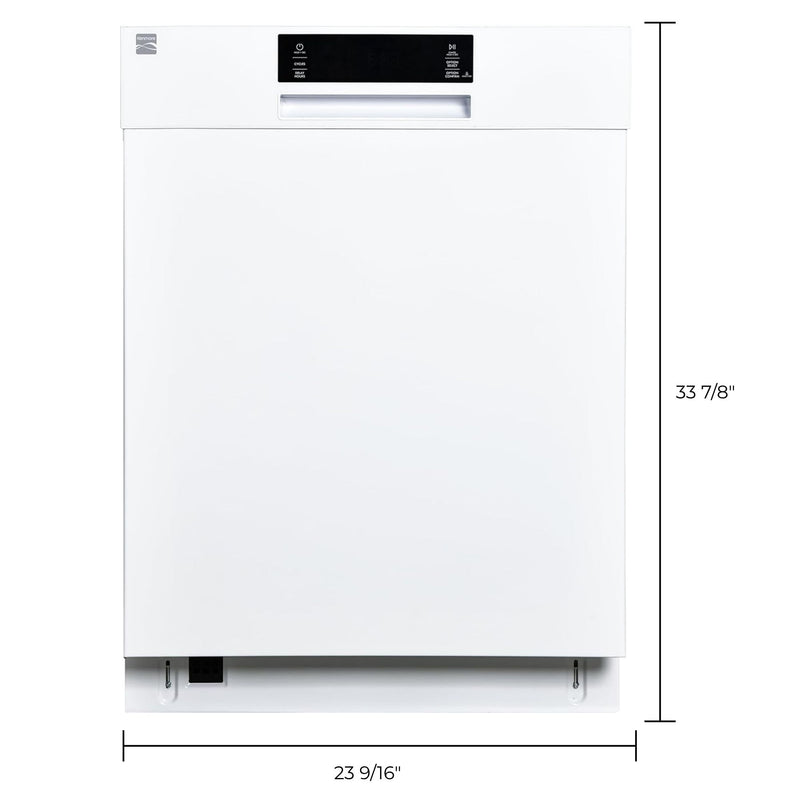 Kenmore white dishwasher on a white background with dimensions labeled