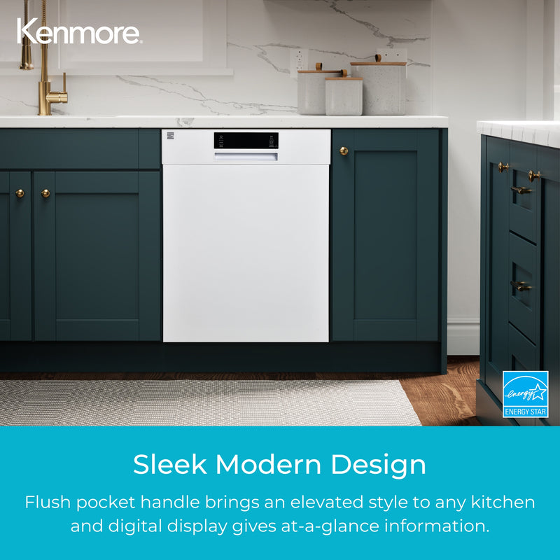 Kenmore white dishwasher installed in a bright kitchen with dark green cabinets. Text below reads, "Sleek Modern Design: Flush pocket handle brings an elevated style to any kitchen and digital display gives at-a-glance information."