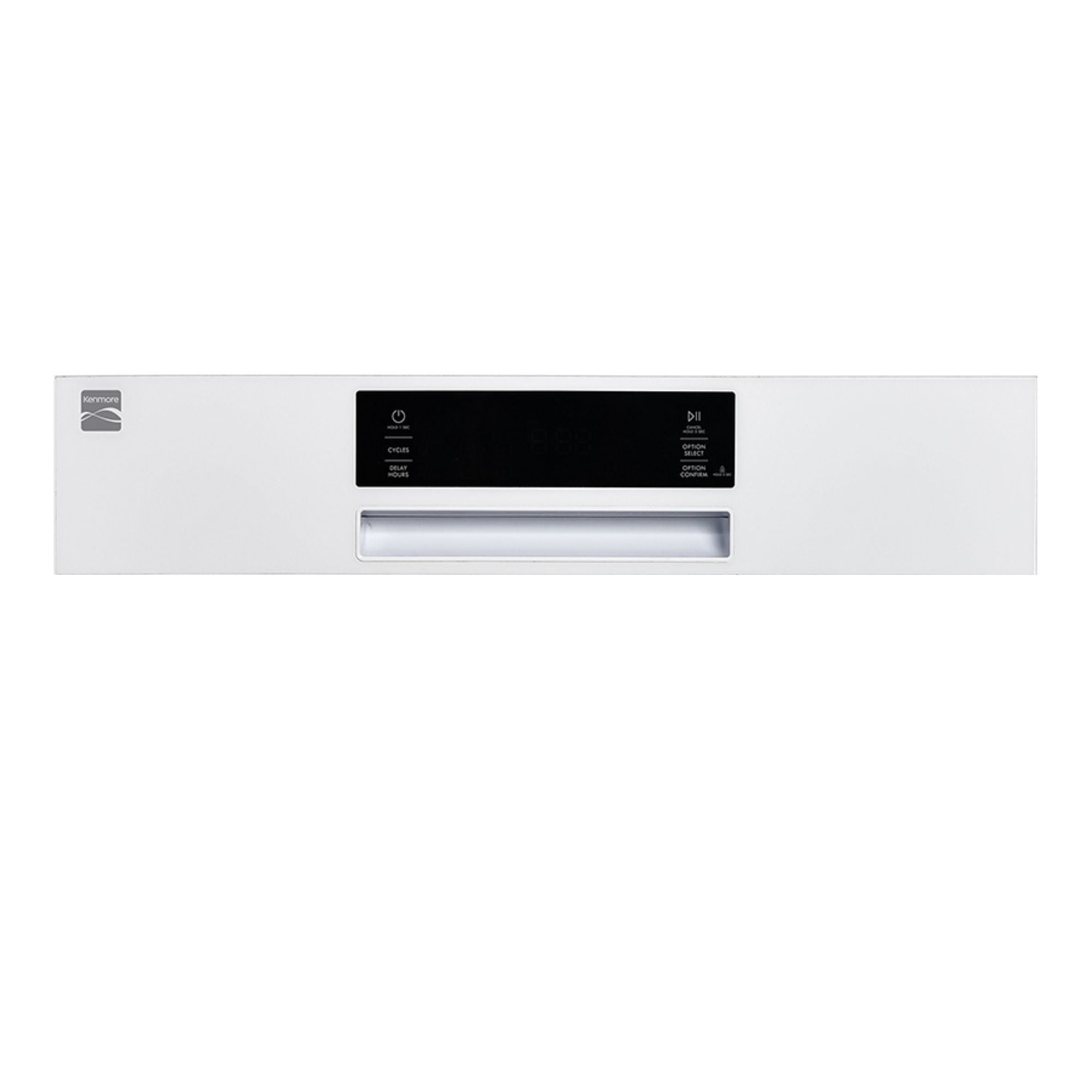 Closeup of the Kenmore white dishwasher's exterior display panel on a white background