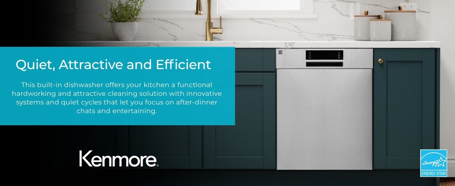 Kenmore 24-inch dishwasher in a green kitchen with text overlay describing features