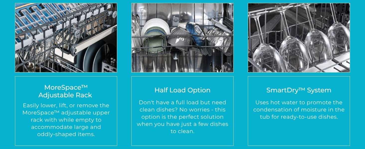 Three images with text below describe features of the Kenmore 24-inch dishwasher