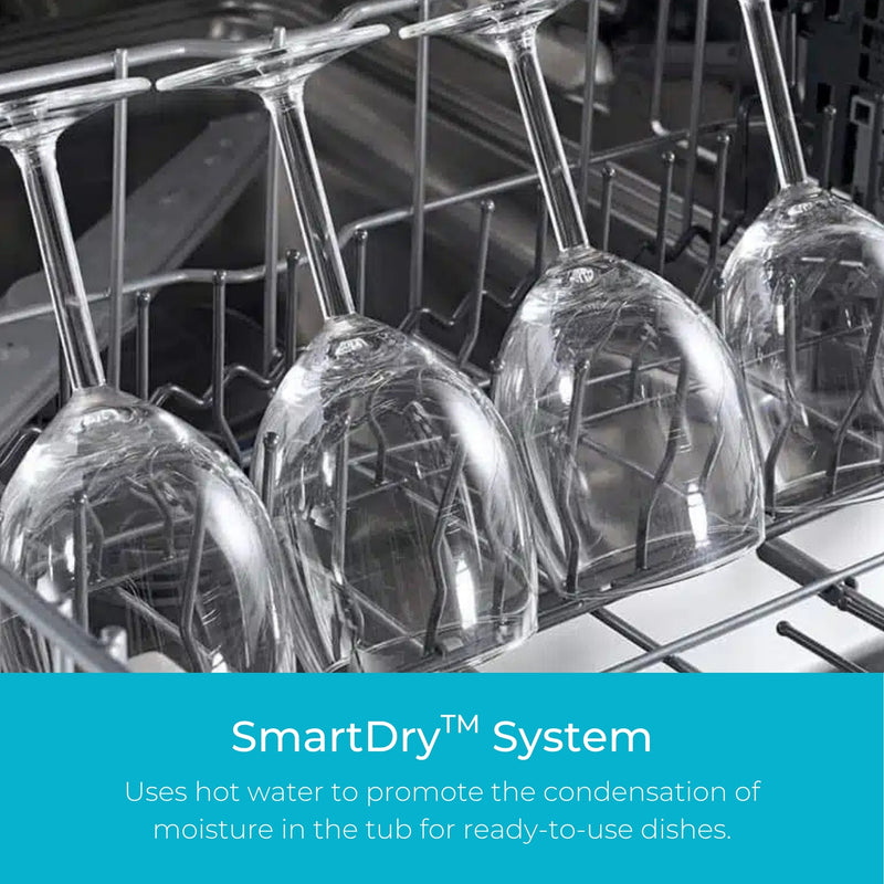 Closeup of clean wine glasses in the Kenmore stainless steel dishwasher. Text below reads, "SmartDry System: Uses hot water to promote the condensation of moisture in the tub for ready-to-use dishes."