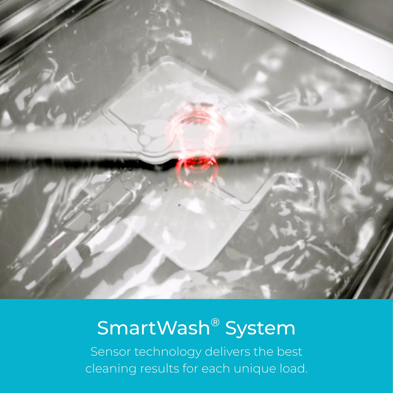 Closeup of the bottom of the Kenmore stainless steel dishwasher filled with water. Text below reads, "SmartWash System: Sensor technology delivers the best cleaning results for each unique load."
