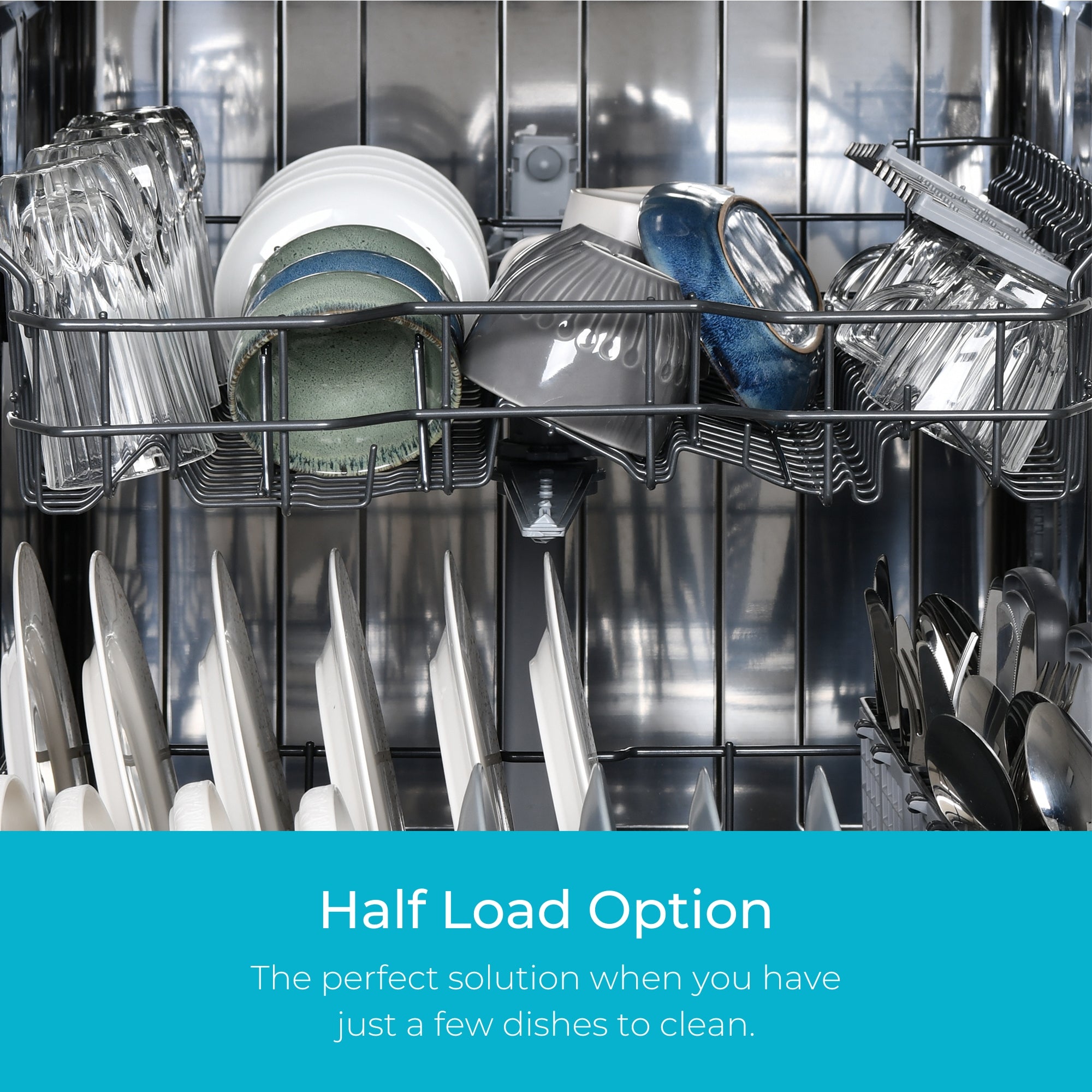 Closeup of clean dishes in the Kenmore stainless steel dishwasher. Text below reads, "Half Load Option: The perfect solution when you have just a few dishes to clean."