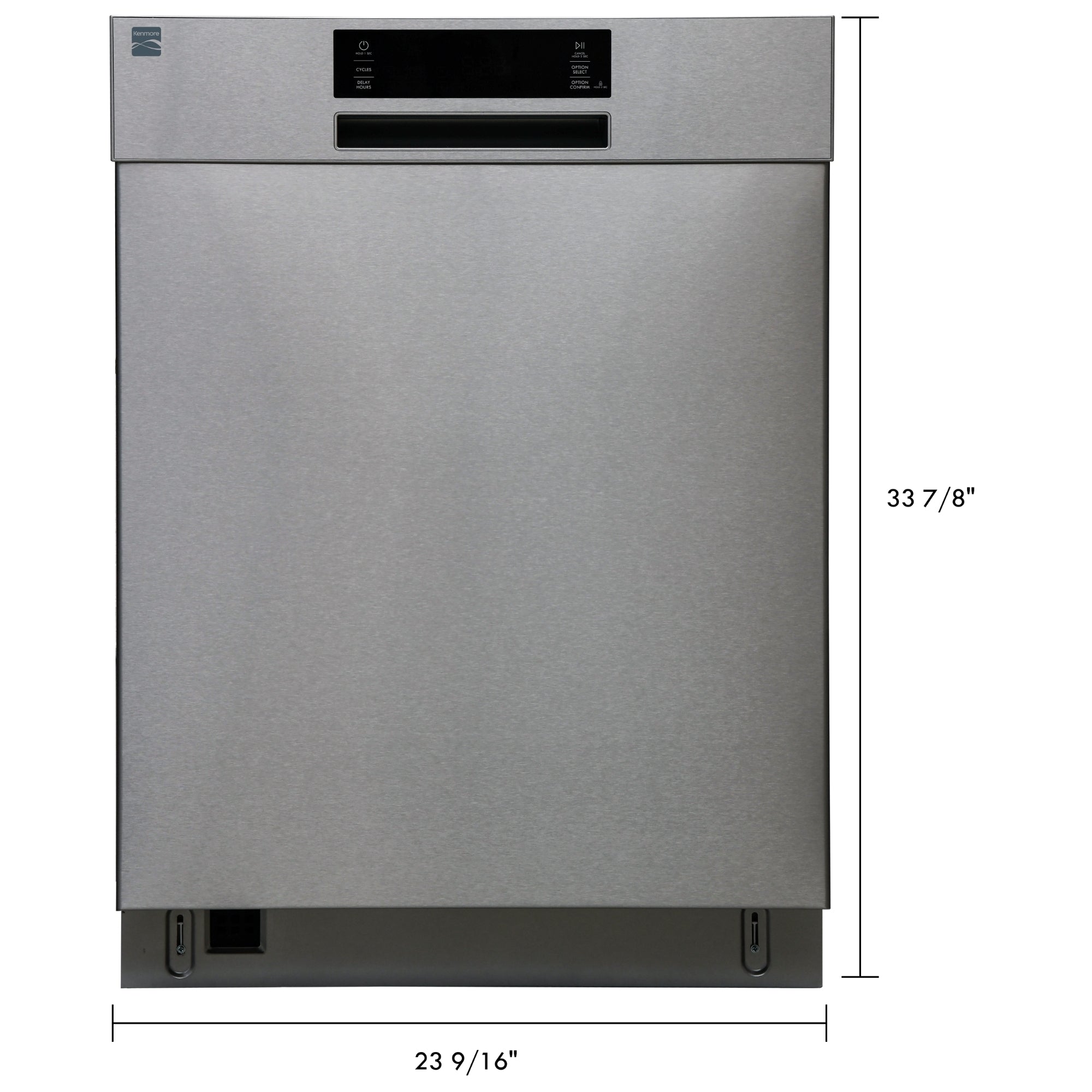 Kenmore stainless steel dishwasher on a white background with dimensions labeled