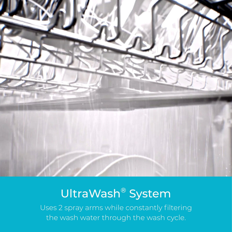 Closeup of the interior of the Kenmore stainless steel dishwasher with water spraying. Text below reads, "UltraWash System: Uses 2 spray arms while constantly filtering the wash water throughout the wash cycle."