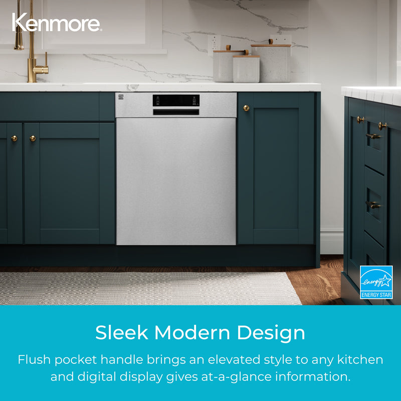 Kenmore stainless steel dishwasher installed in a bright kitchen with dark green cabinets. Text below reads, "Sleek Modern Design: Flush pocket handle brings an elevated style to any kitchen and digital display gives at-a-glance information."