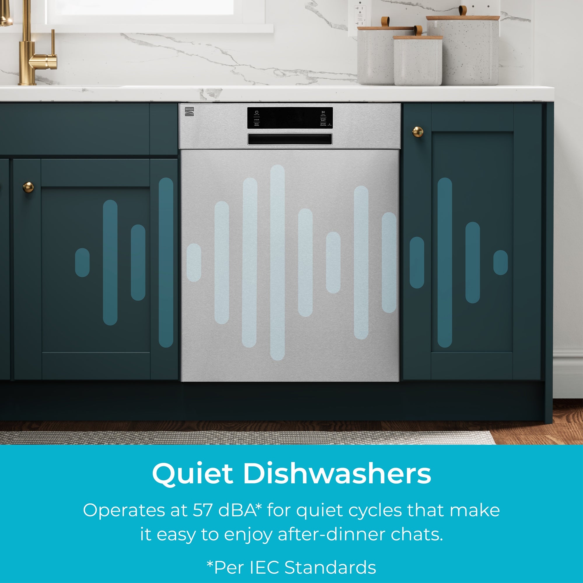 Kenmore stainless steel dishwasher installed in a bright kitchen with dark green cabinets. Text below reads, "Quiet Dishwashers: Operates at 57 dBA* for quiet cycles that make it easy to enjoy after-dinner chats. (*Per IEC Standards)"