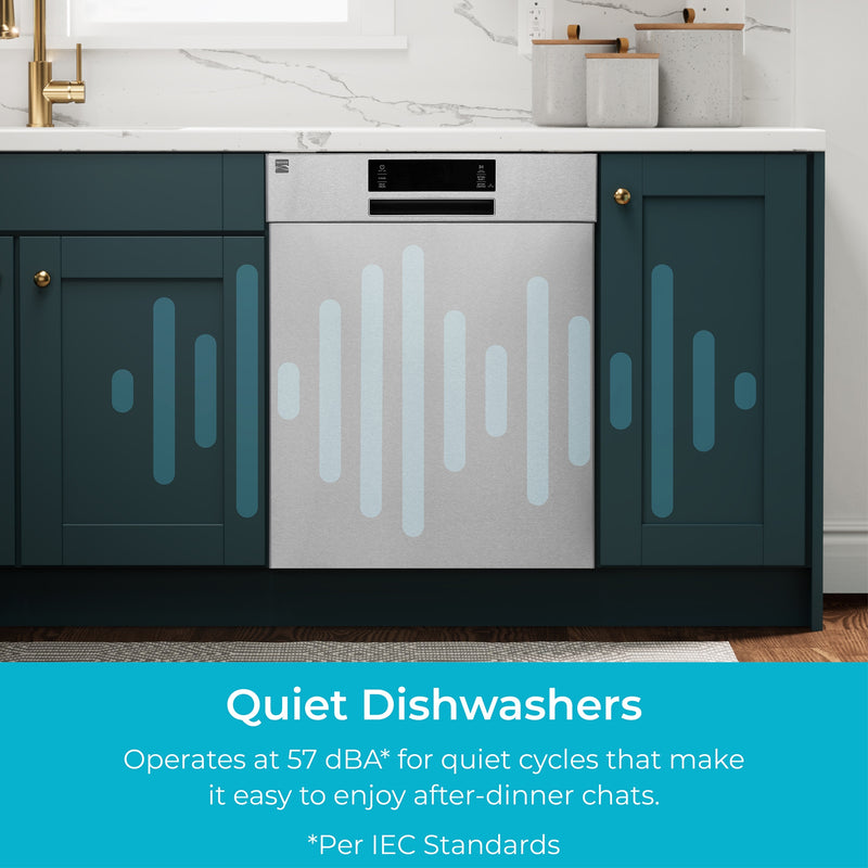 Kenmore stainless steel dishwasher installed in a bright kitchen with dark green cabinets. Text below reads, "Quiet Dishwashers: Operates at 57 dBA* for quiet cycles that make it easy to enjoy after-dinner chats. (*Per IEC Standards)"