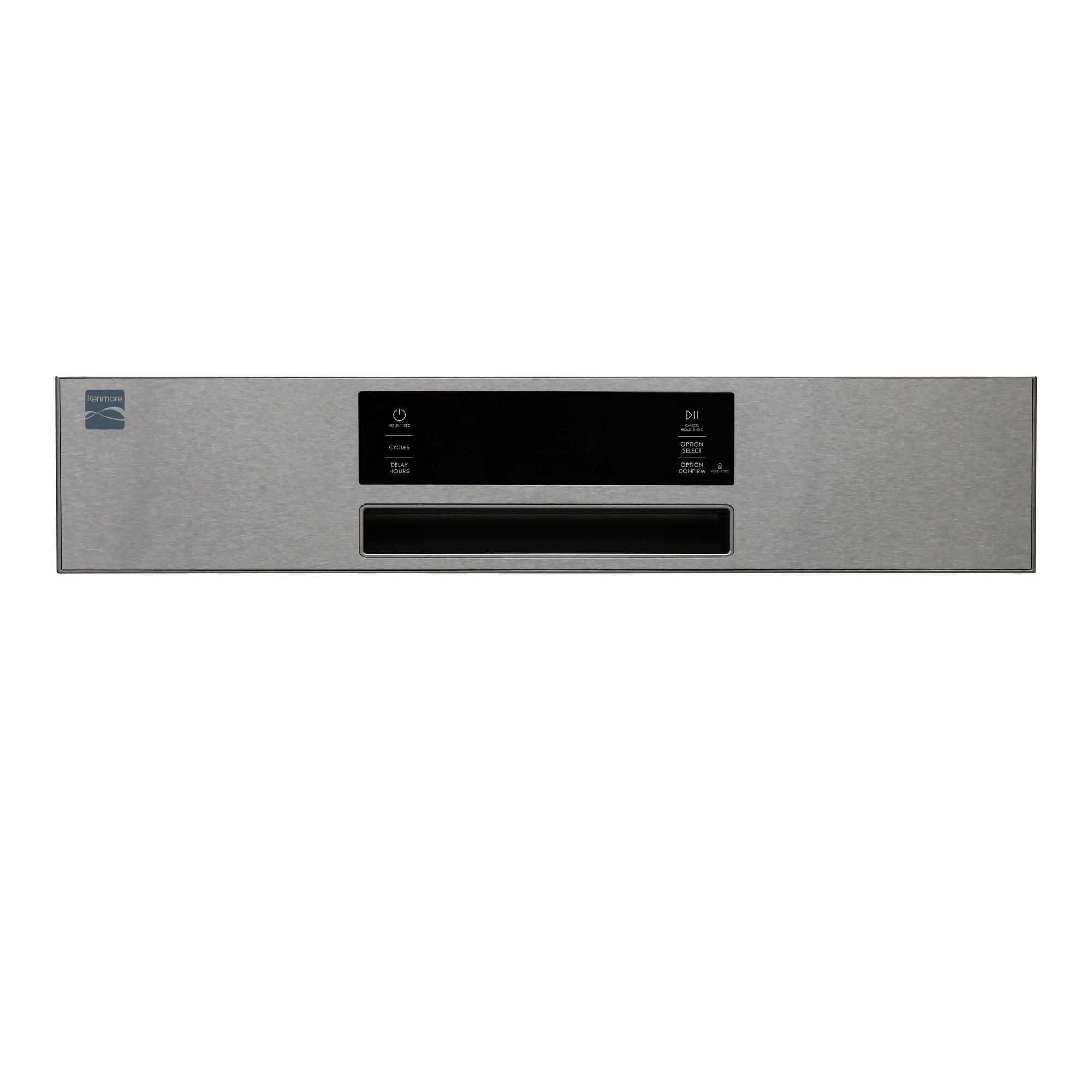 Closeup of the Kenmore stainless steel dishwasher's exterior display panel on a white background