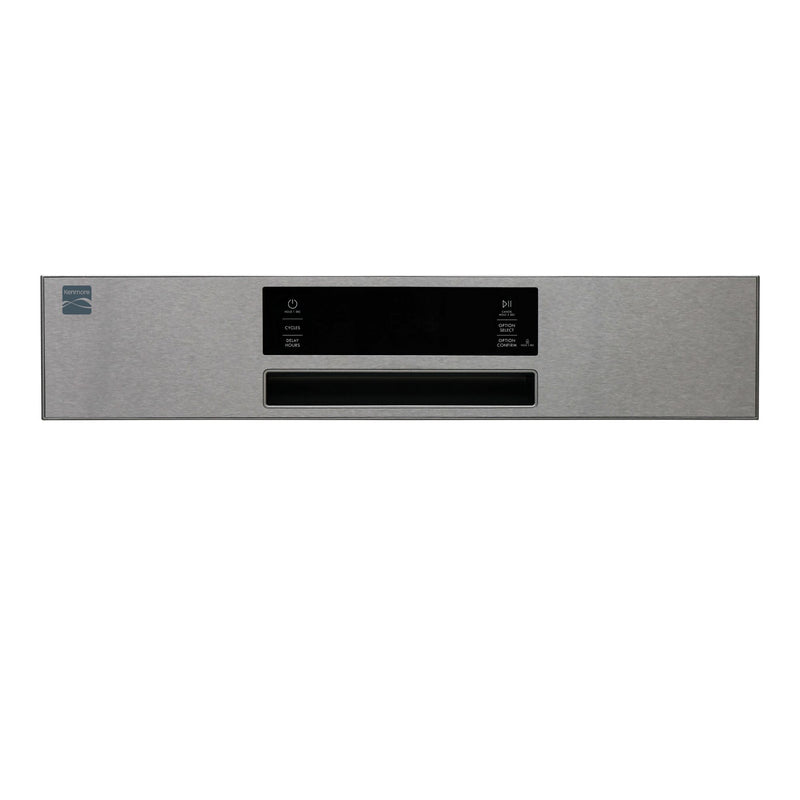 Closeup of the Kenmore stainless steel dishwasher's exterior display panel on a white background