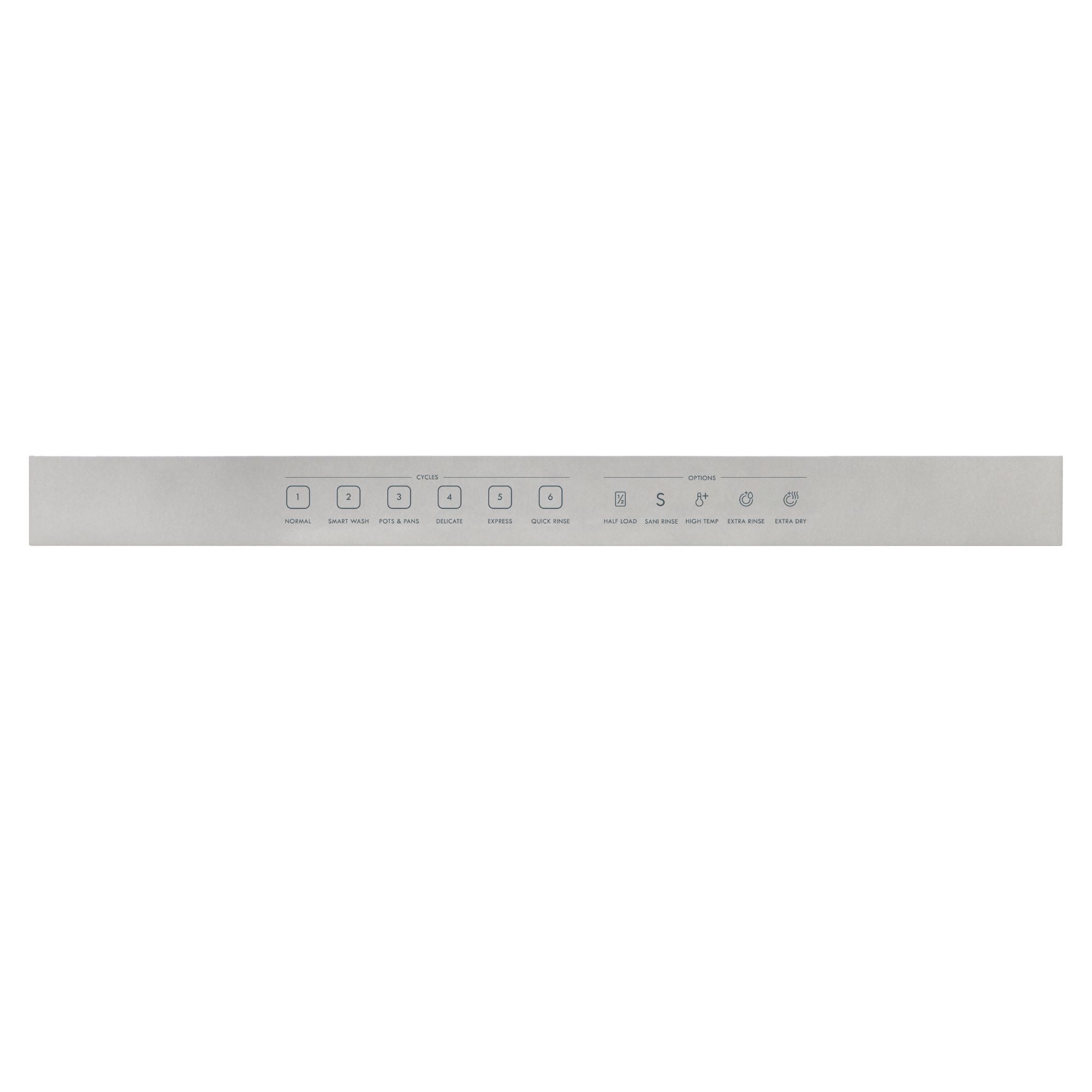 Closeup of the Kenmore stainless steel dishwasher's touch control panel on a white background