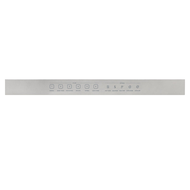 Closeup of the Kenmore stainless steel dishwasher's touch control panel on a white background