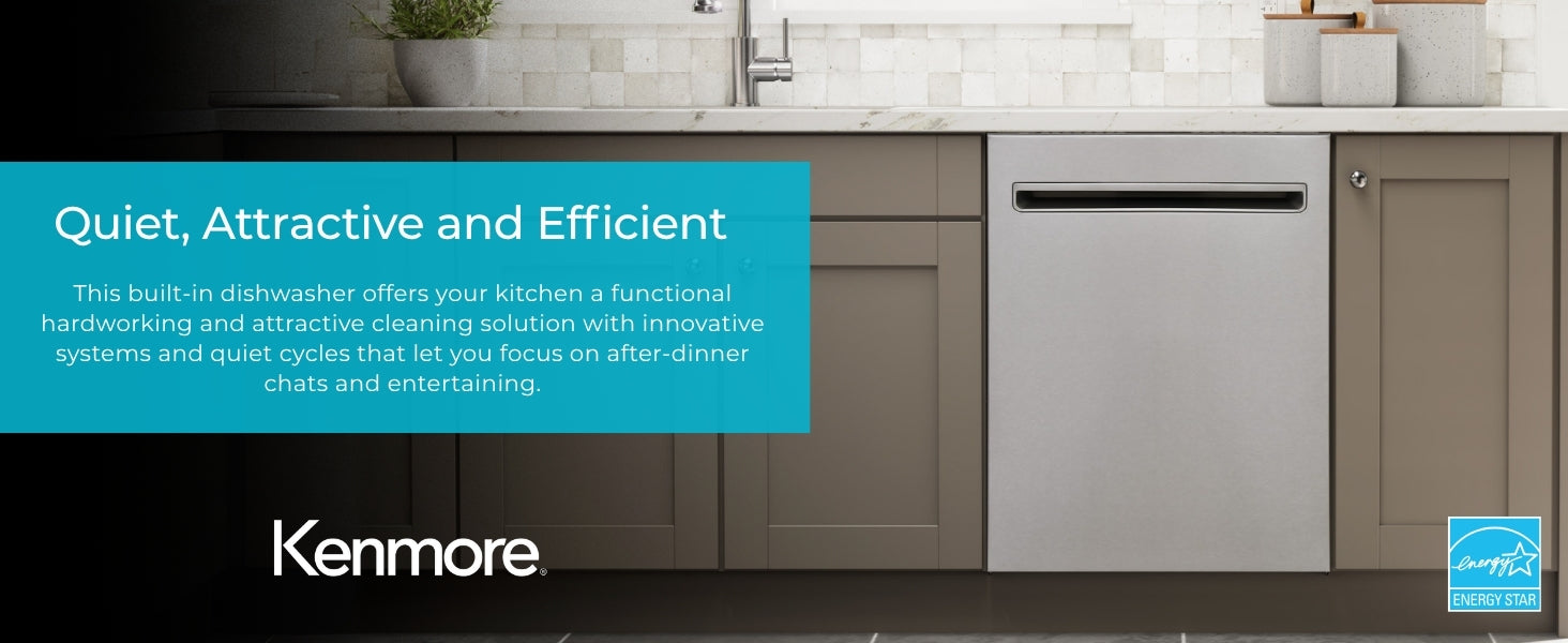 Kenmore 24-inch dishwasher in a beige kitchen with text overlay describing features
