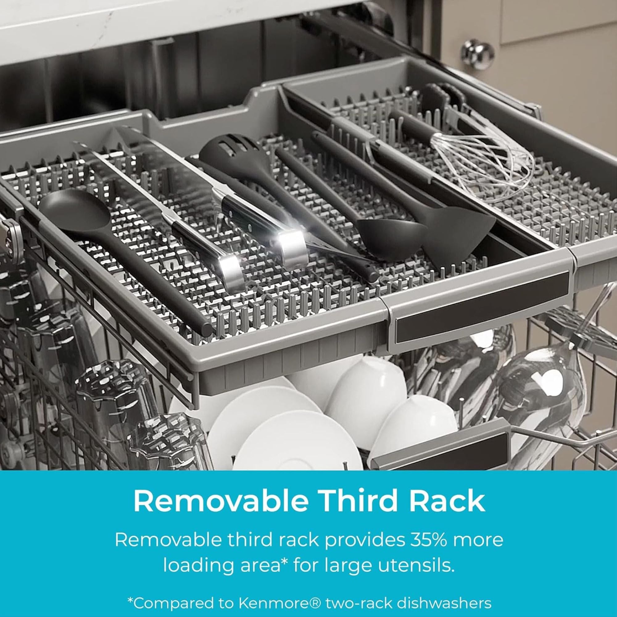 Closeup of the EasyFlex removable third rack filled with utensils. Text below reads, "Removable Third Rack provides 35% more loading area for large utensils (compared to Kenmore's two-rack dishwashers."
