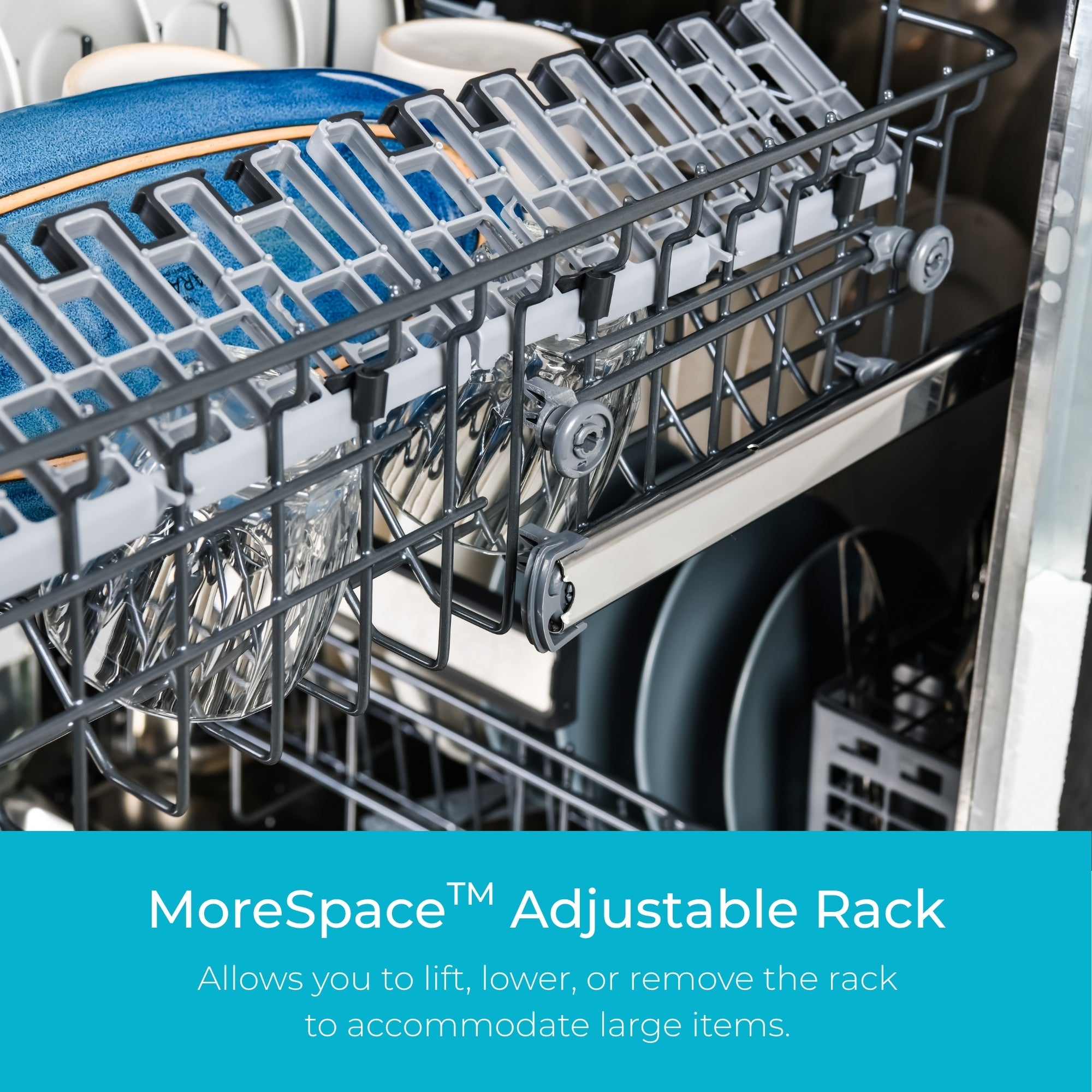 Closeup of the MoreSpace™ adjustable 2nd rack filled with dishes. Text below reads, "MoreSpace Adjustable Rack: Allows you to lift, lower or remove the rack to accommodate larger items."