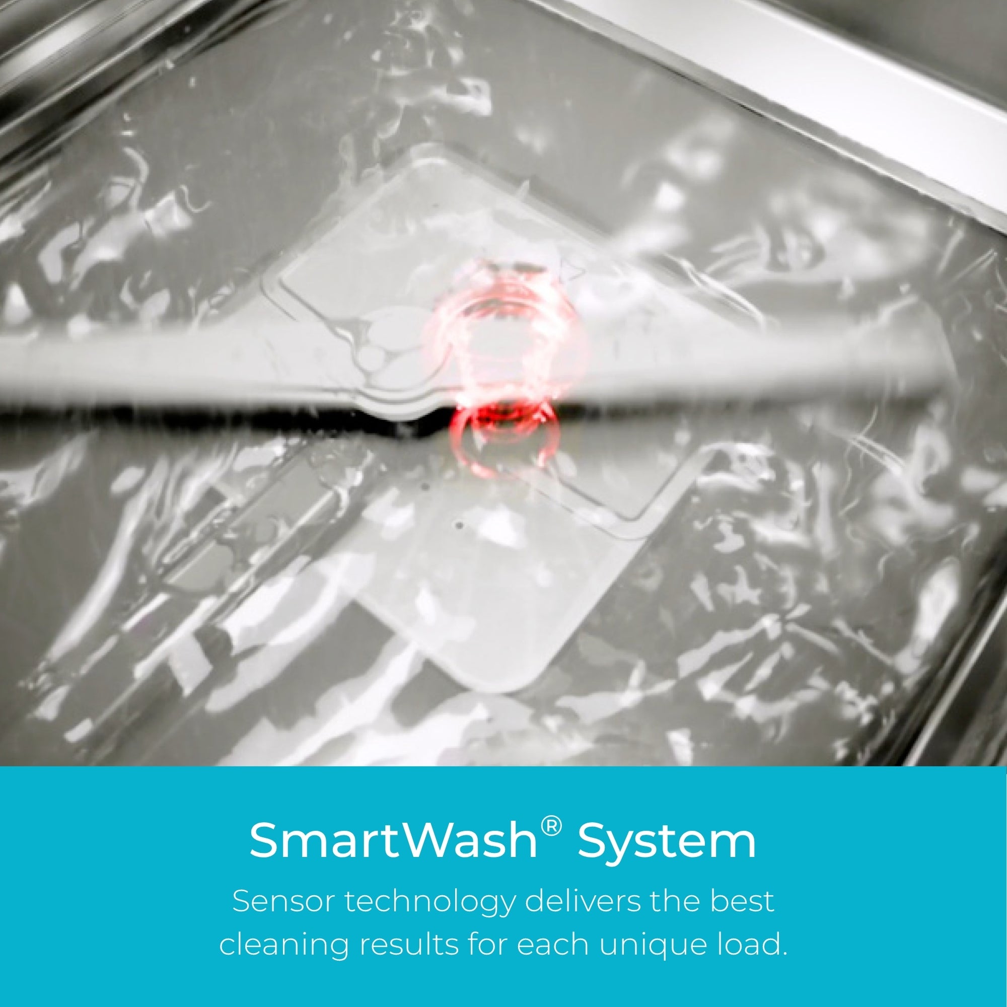 Closeup of the bottom of the interior of Kenmore stainless steel dishwasher filled with water. Text below reads, "SmartWash System: Sensor technology delivers the best cleaning results for each unique load." 