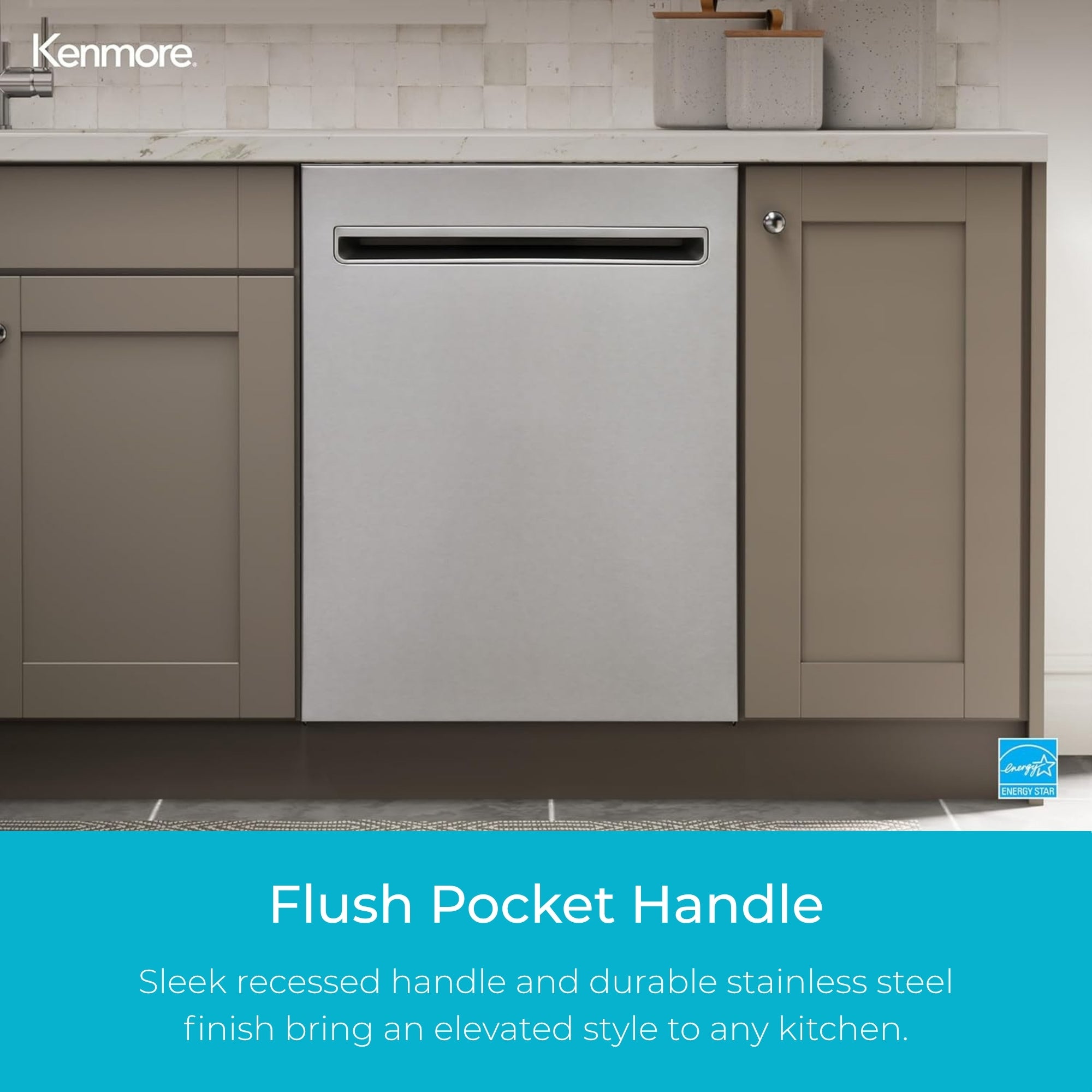 Kenmore stainless steel dishwasher installed in a bright kitchen with light brown cabinets. Text below reads, "Flush Pocket Handle: Sleek recessed handle and durable stainless steel finish bring an elevated style to any kitchen."