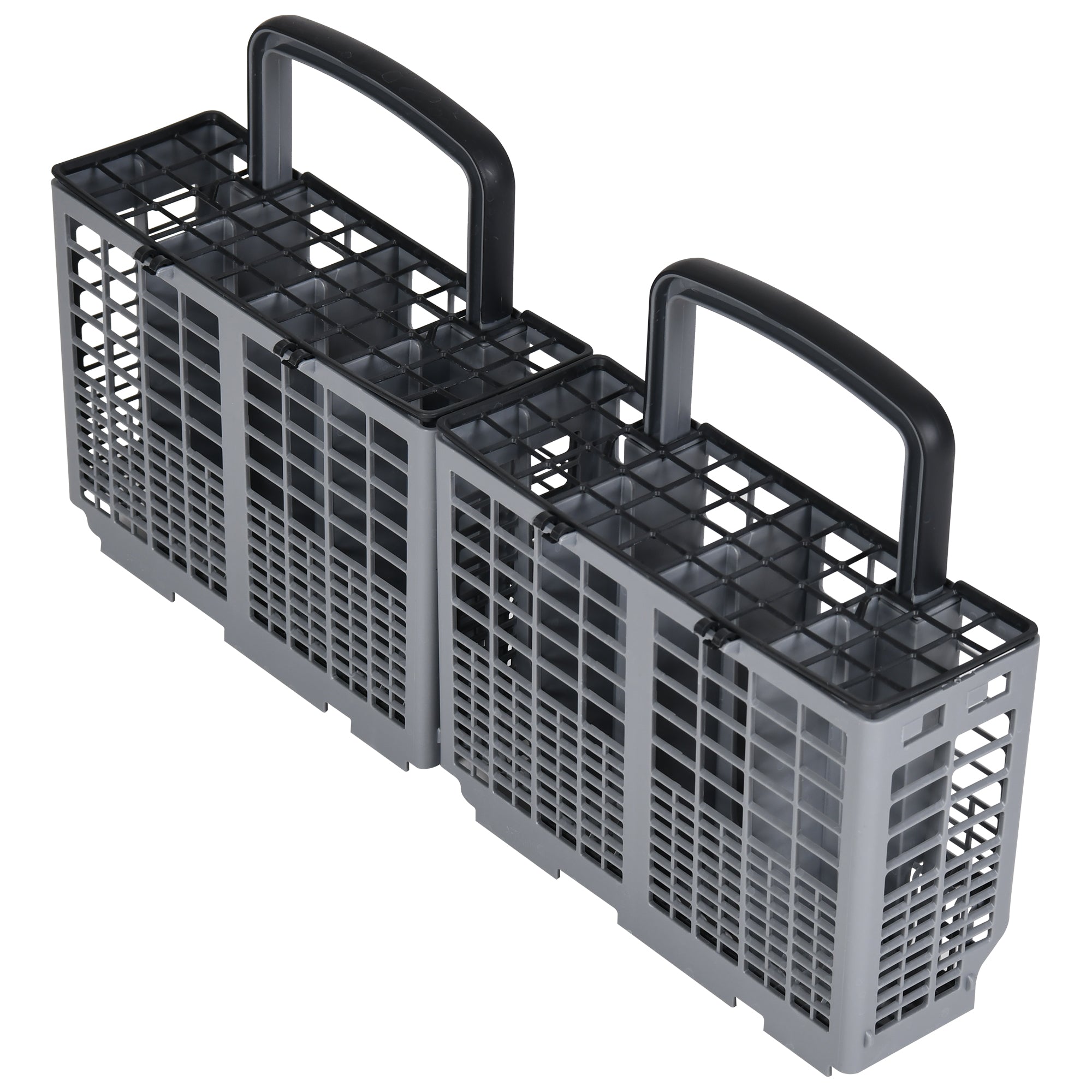 Closeup of the gray silverware basket, empty, on a white background