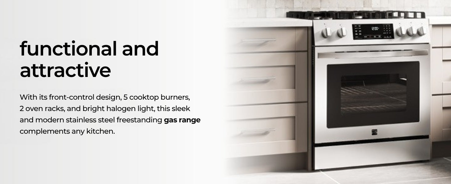Kenmore stainless steel gas range in a beige kitchen with text overlay describing features