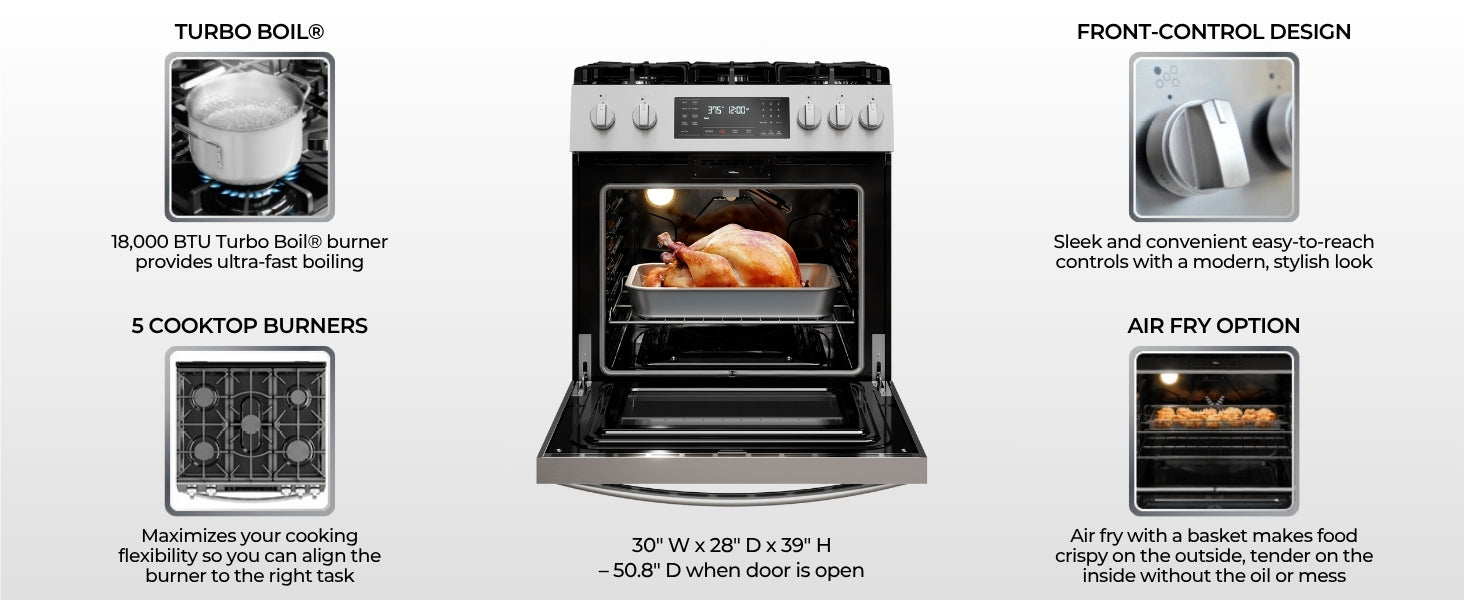 Kenmore stainless steel gas range with closeup images and text describing features