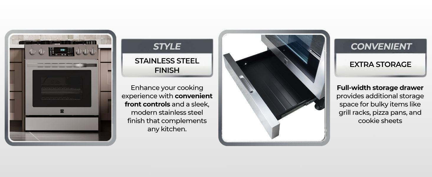 Closeup images and text describing features of the Kenmore stainless steel gas range