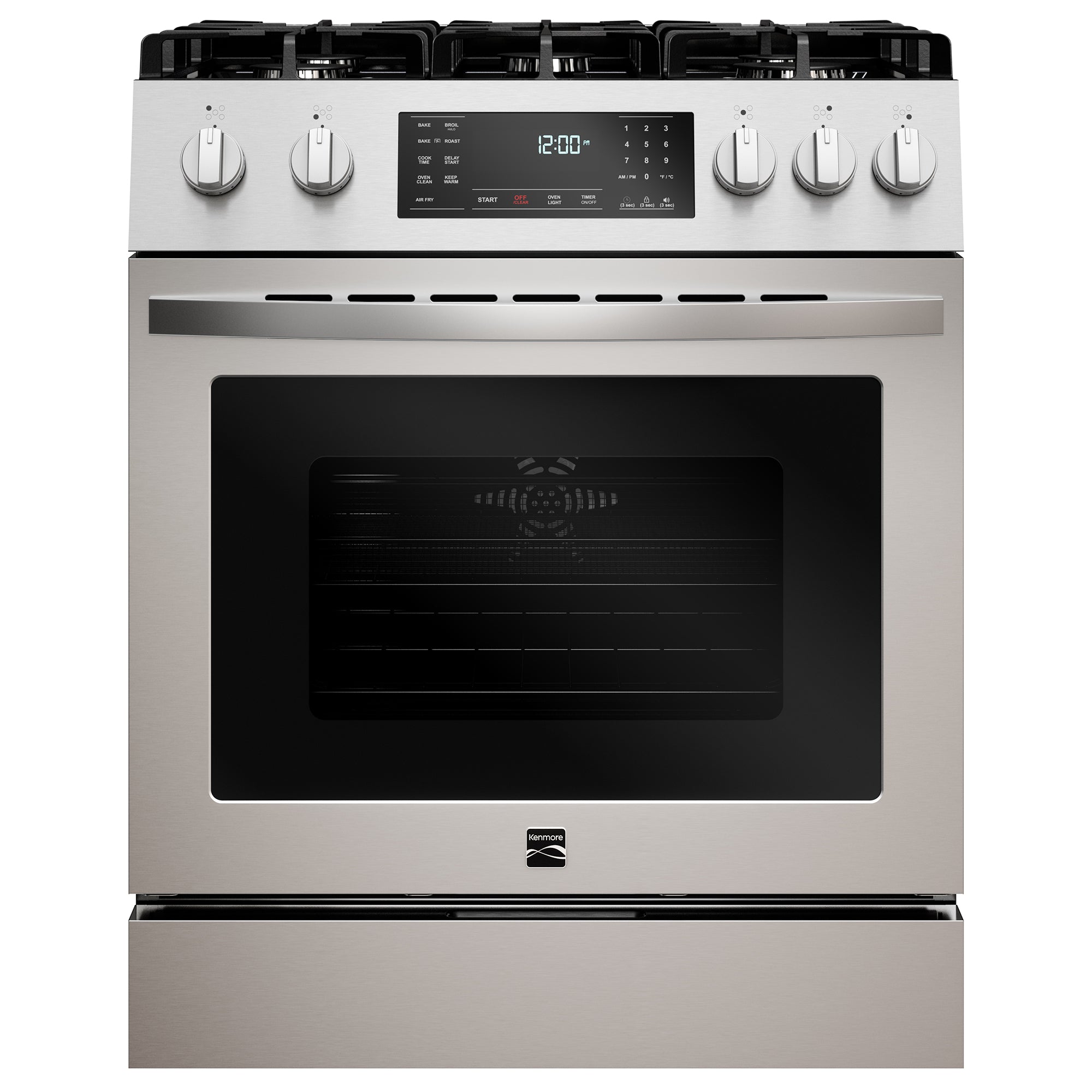 Kenmore stainless steel gas range, closed, on a white background