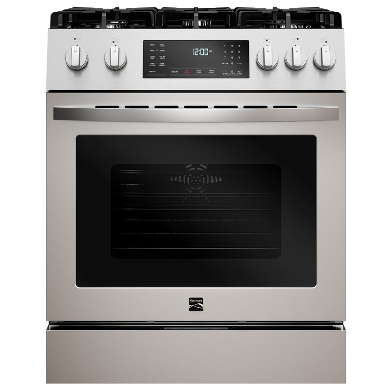 Kenmore stainless steel gas range, closed, on a white background