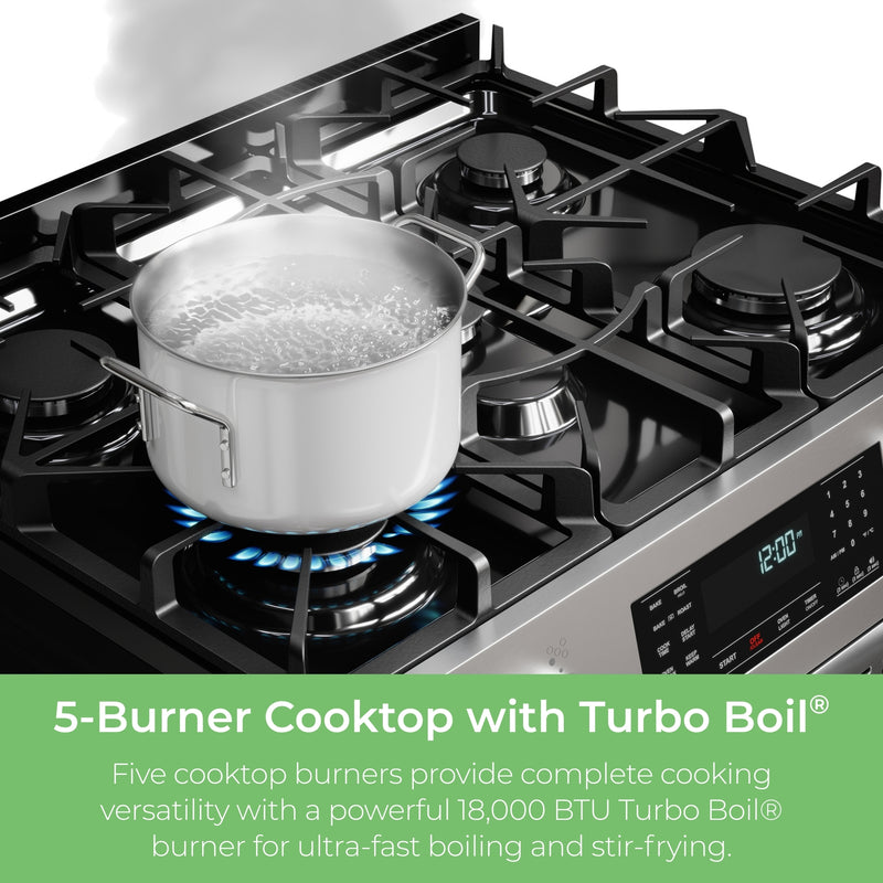 Closeup of a pot of water boiling on a burner on the Kenmore stainless steel gas range. Text below reads, "5-Burner Cooktop with Turbo Boil®: Five cooktop burners provide complete cooking versatility with a powerful 18,000 BTU Turbo Boil® burner for ultra-fast boiling and stir-frying."
