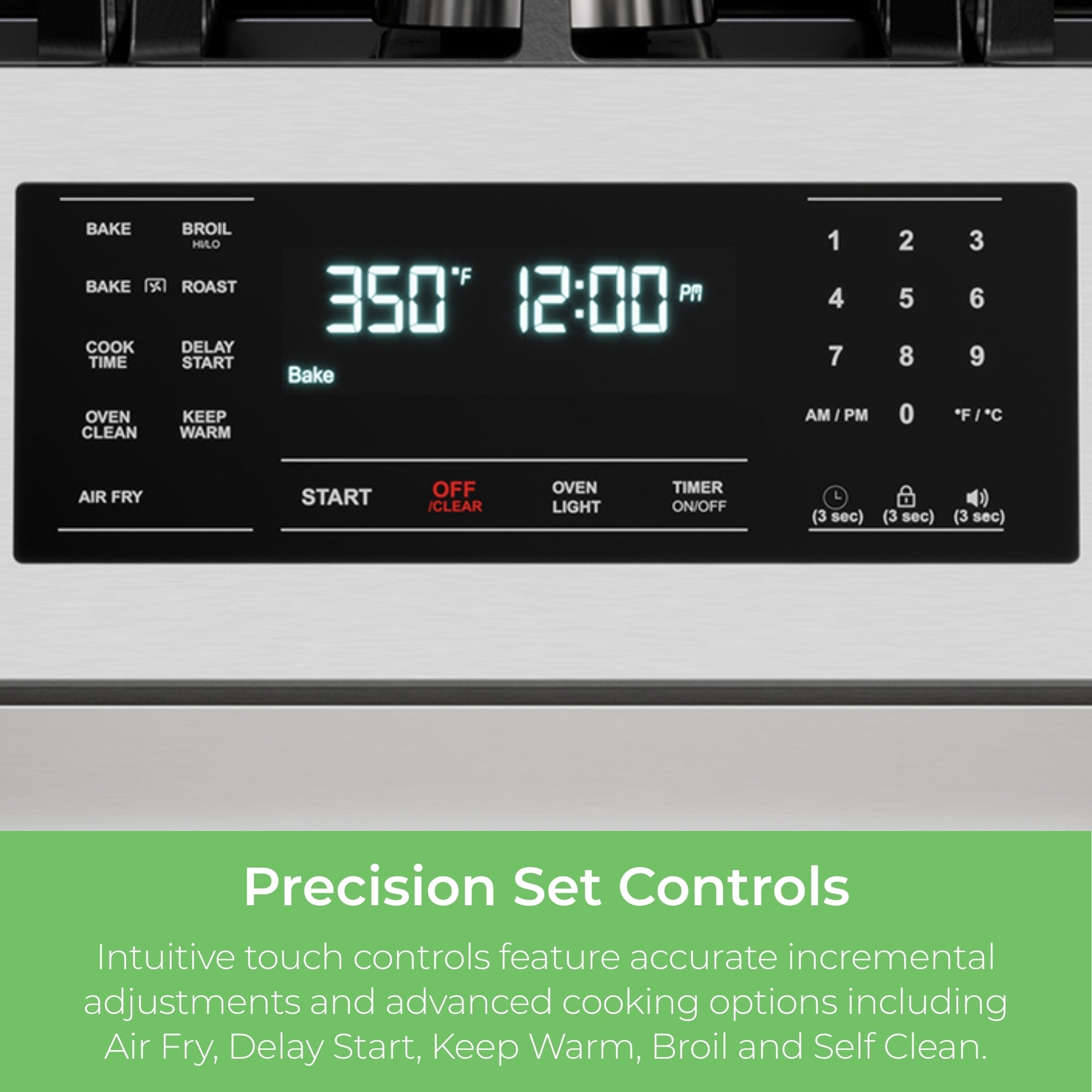 Closeup of the control panel and knobs on the Kenmore stainless steel gas range. Text below reads, "Precision Set Controls: Intuitive touch controls feature accurate incremental adjustments and advanced cooking options including Air Fry, Delay Start, Keep Warm, Broil and Self Clean."