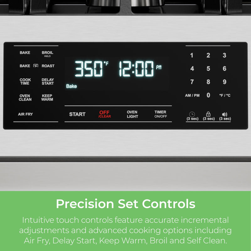 Closeup of the control panel and knobs on the Kenmore stainless steel gas range. Text below reads, "Precision Set Controls: Intuitive touch controls feature accurate incremental adjustments and advanced cooking options including Air Fry, Delay Start, Keep Warm, Broil and Self Clean."