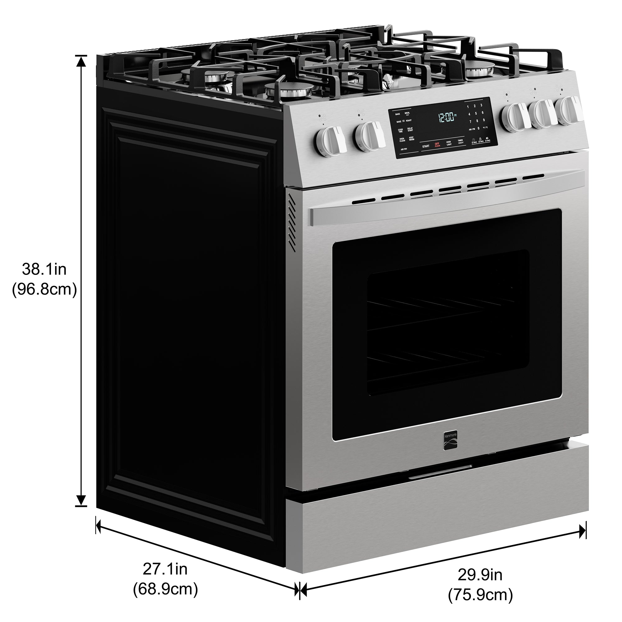 Kenmore stainless steel gas range on a white background, with dimensions labeled