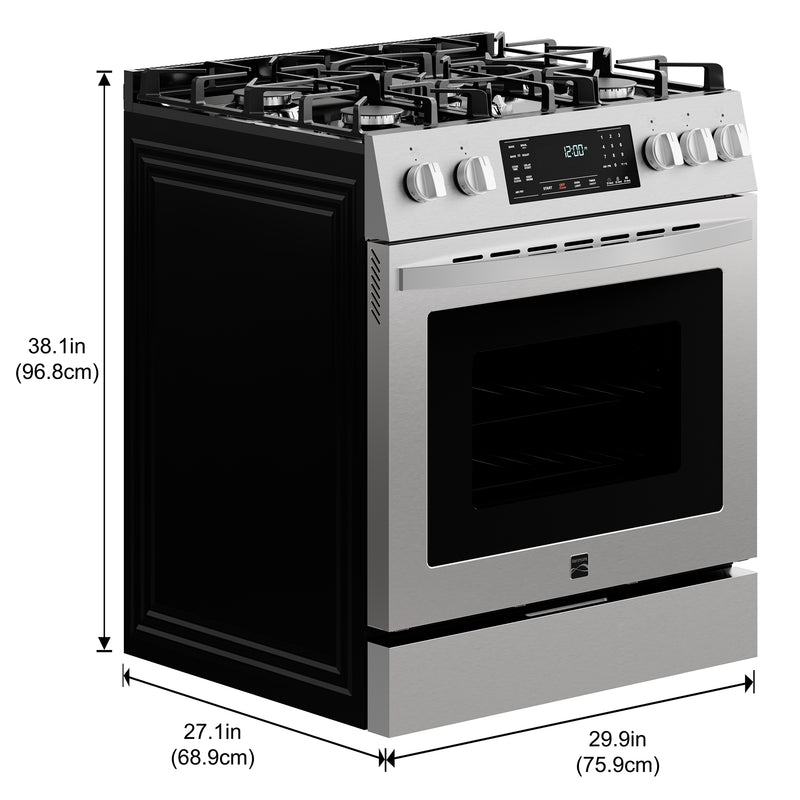 Kenmore stainless steel gas range on a white background, with dimensions labeled