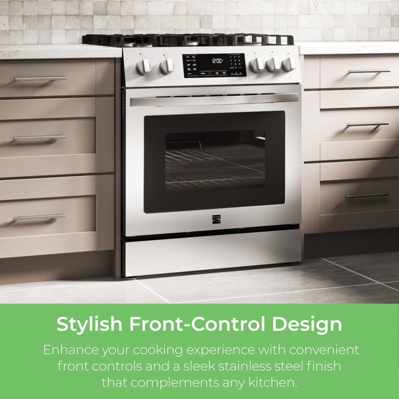 Kenmore stainless steel gas range installed between beige drawers. Text below reads, "Stylish Front-Control Design: Enhance your cooking experience with convenient front controls and a sleek stainless steel finish that complements any kitchen."