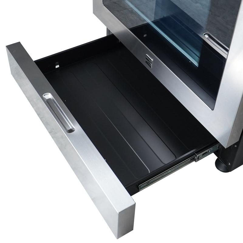 Closeup of the bottom portion of the Kenmore stainless steel gas range with the storage drawer pulled out