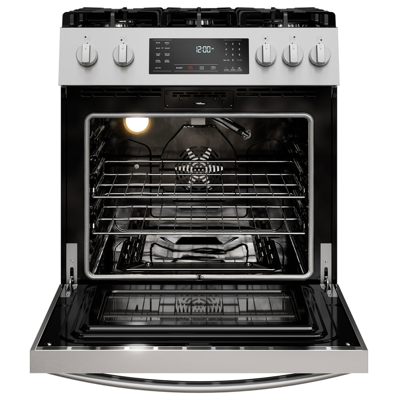 Kenmore stainless steel gas range, open, on a white background
