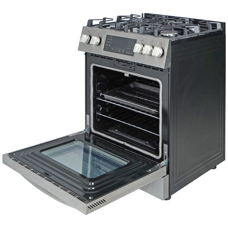 Kenmore stainless steel gas range, open, on a white background