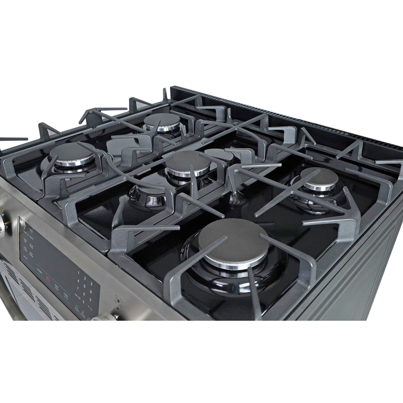 Closeup of the grates and burners on the Kenmore stainless steel gas range