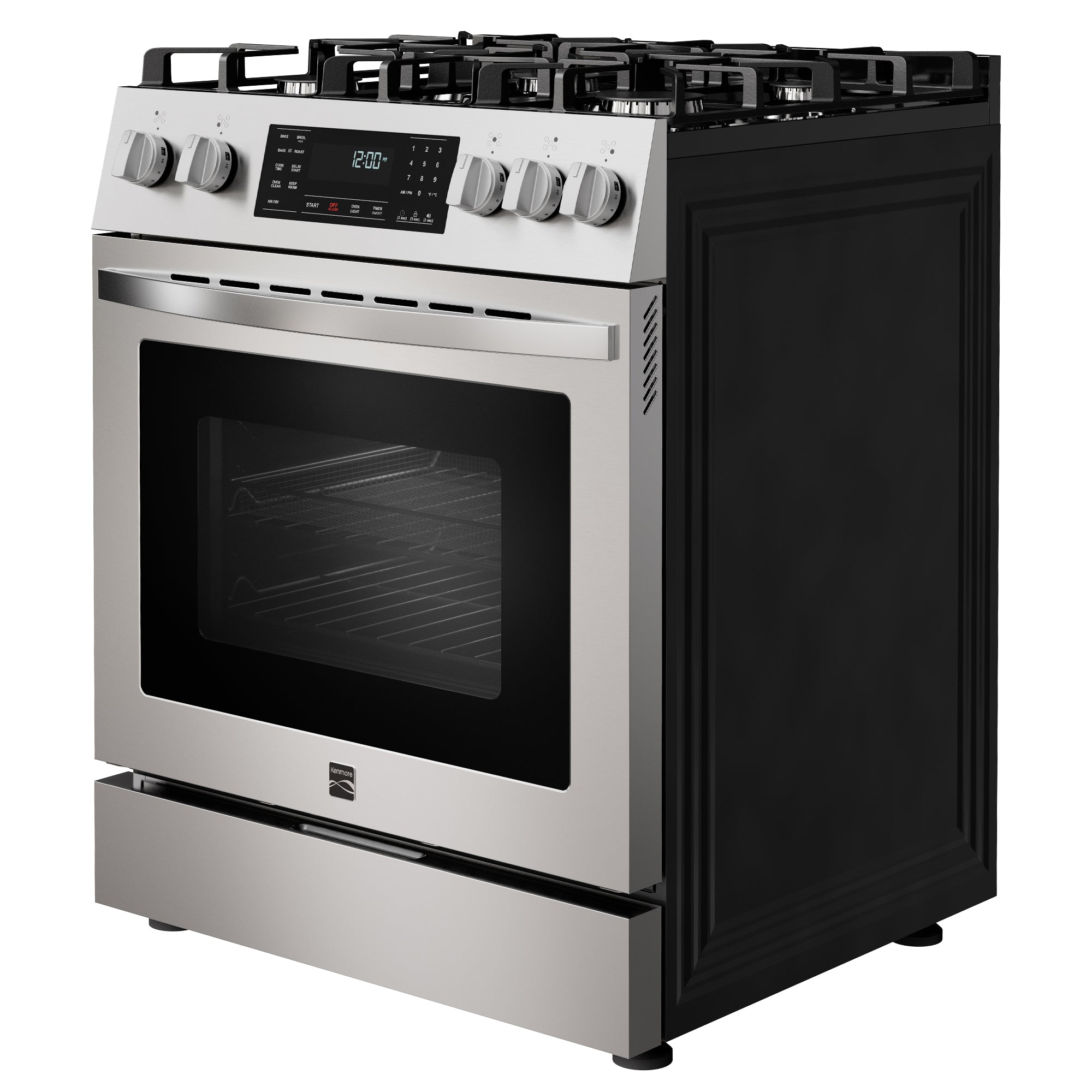 Kenmore stainless steel gas range, closed, on a white background