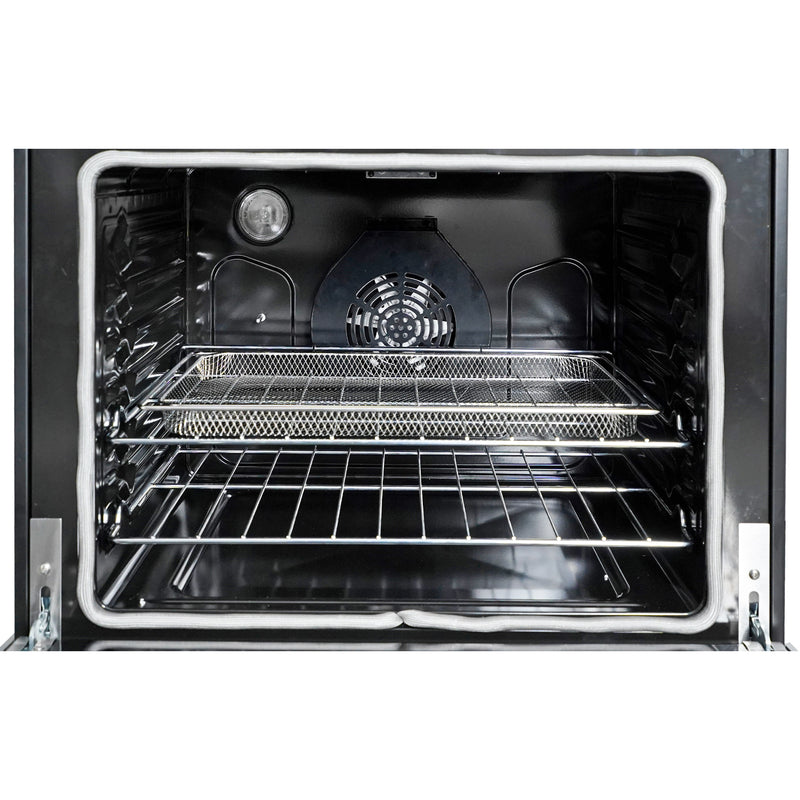 Closeup of the interior of the Kenmore stainless steel electric range with the empty airfryer basket inside