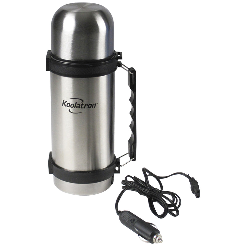 Product shot of 12V heated thermos bottle, closed, and power cord on a white background